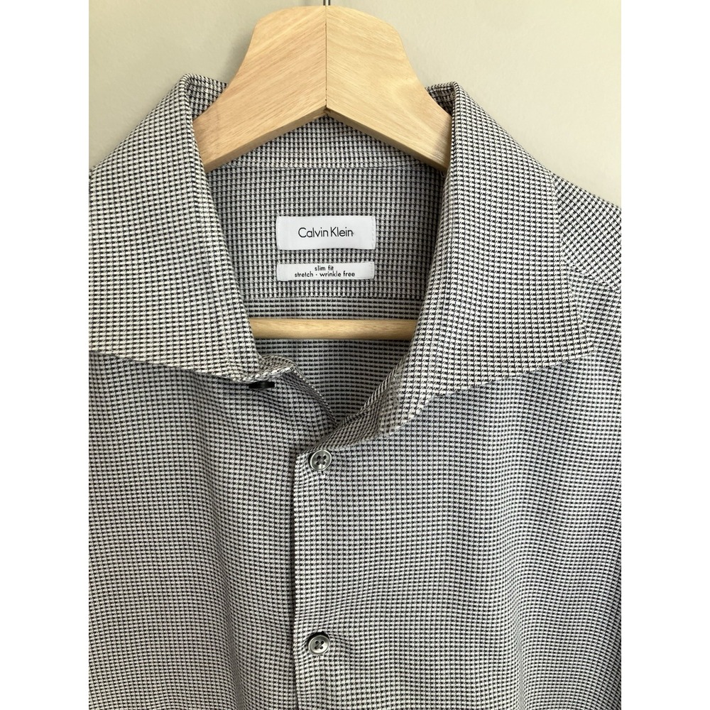 Calvin Klein Slim Fit Dress Shirt Men's XL 17–17.5 Black White Stretch